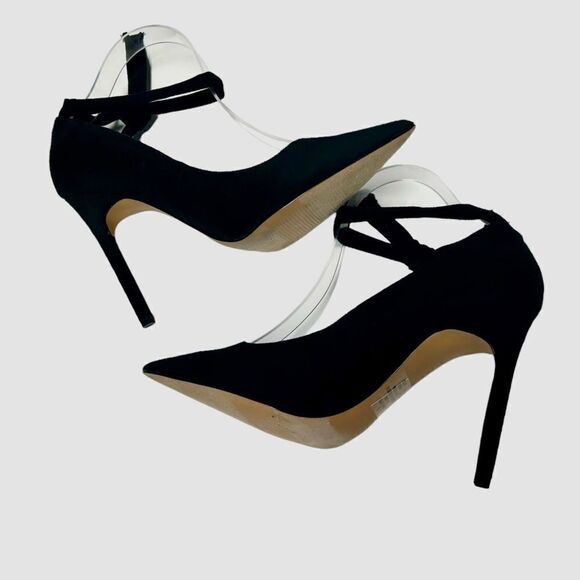 Express Black Fabric Faux Suede High Heels Ankle Strap Pointed Toe Stilettos - Picture 1 of 7